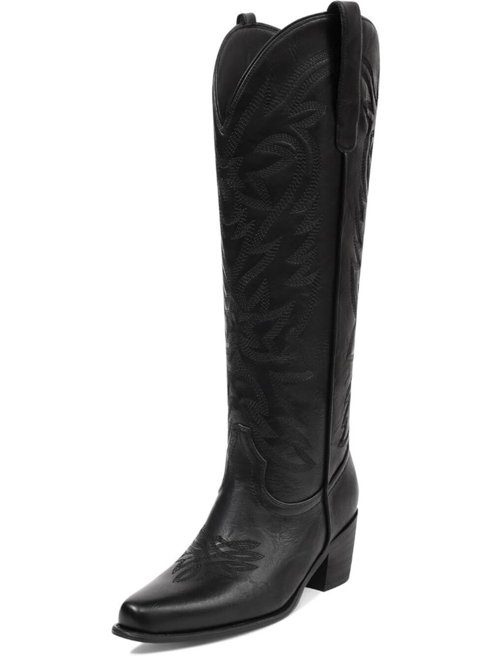 Women's Black Cowgirl Boots Knee High Tall Boots Chunky Heel Pointed Toe Boots